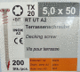 VIS INOX 5X50-POUR TERRASSE 20MM BOITE DE 200=6M²/FILETAGE SOUS TETE FRAI EMPREINTE TX + EMBOUT